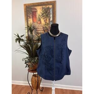 Coldwater Creek Women Plus 20 Vest Full Zipper Front Blue High Collar Grandma